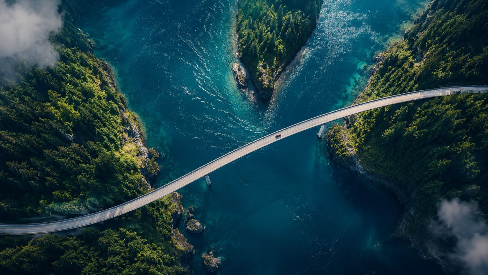 Міст між лісистими островами над темно-синьою водою